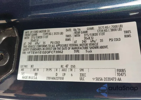 2016 Ford F-150 Platinum из США, поврежденный, VIN 1FTEW1EG2GFC73562